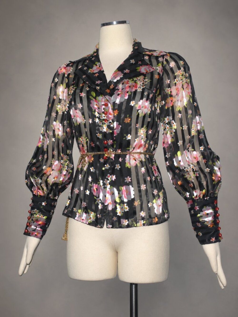 Vintage 70s Romantic Sheer Floral Blouse Satin Stripe Bishop Sleeves Buttons S